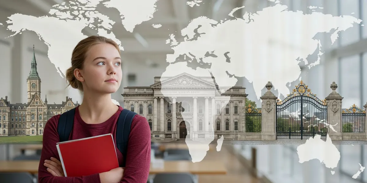 A photo of a Finnish student looking towards blurred global university landmarks, symbolizing the pathway from the Finnish curriculum to international higher education.