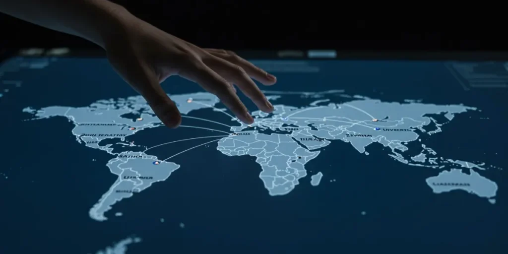 A dynamic photograph of a student's hand hovering over a stylized, brightly lit global map or digital display, with subtle glowing lines indicating pathways to various major university cities or regions worldwide. The focus is on the concept of international academic pathways and opportunities.