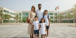 A photo of an expat family (parents and child) standing confidently in front of a modern international school in a sunny Gulf city, symbolizing their thoughtful decision in choosing the right school for their child.