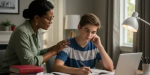 A photo of a parent offering comforting support to a teenage student studying at a desk, symbolizing parental role in child well-being during exam season.