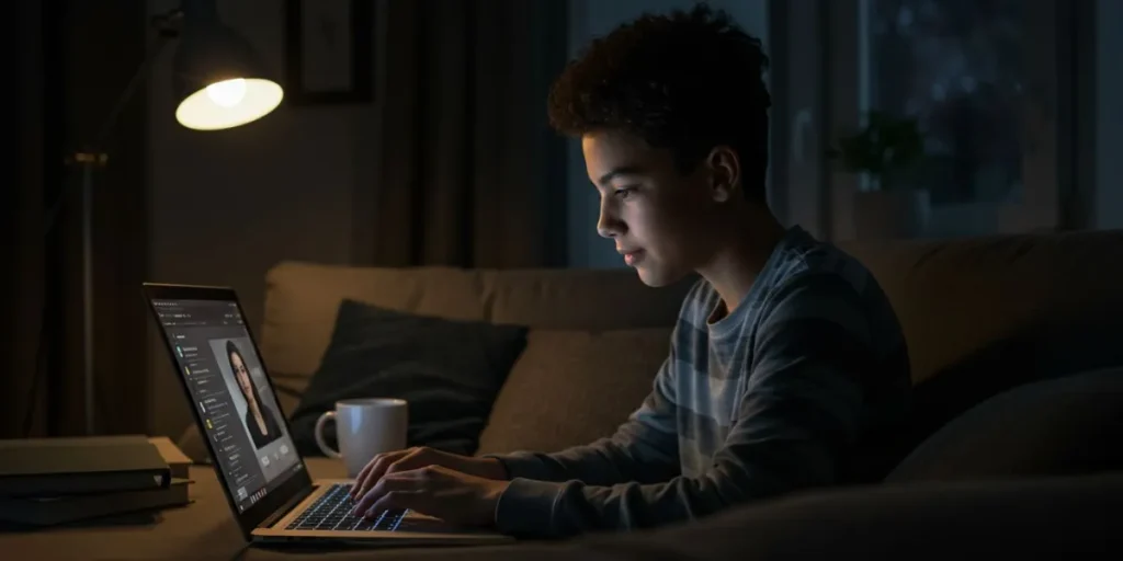 A warm photograph of a teenage student (diverse) engaged in a one-on-one online tutoring session on a laptop, visible through the screen's glow. The student is focused and appears to be actively learning from an unseen tutor. The background is a cozy, modern study area. No text on screens or specific faces.