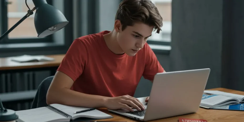 A photograph of a focused teenage student (diverse, gender-neutral) meticulously working on a laptop, surrounded by open notebooks and possibly a university prospectus, symbolizing the detailed preparation for a global university application. The setting is a clean, modern study space.